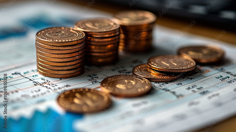 Stacks of Coins on Financial Document with Stock Market Data Stacks of Coins on Financial Document with Stock Market Data