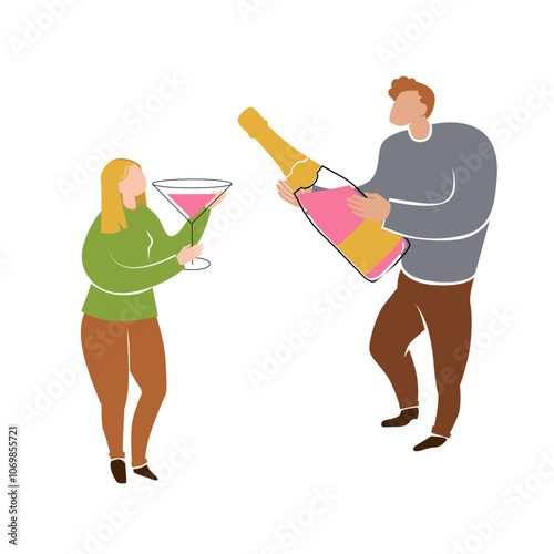 man and a woman are holding a large glass and a bottle of wine, the concept of a holiday, a wine festival. for posters, clothing or bar menus.