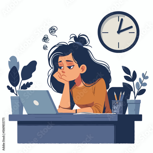 Bored woman sitting at desk. Tired sad office worker. Procrastination, burnout and boredom concept. Depressed upset exhausted lazy student. Flat vector illustration isolated on white background