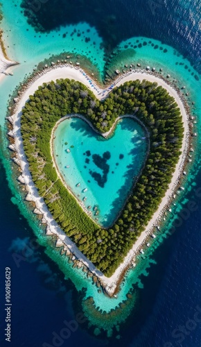 Heart shaped island. Aerial view. Top down romantic drone footage of heart shaped island in beautiful sea. Island of Love