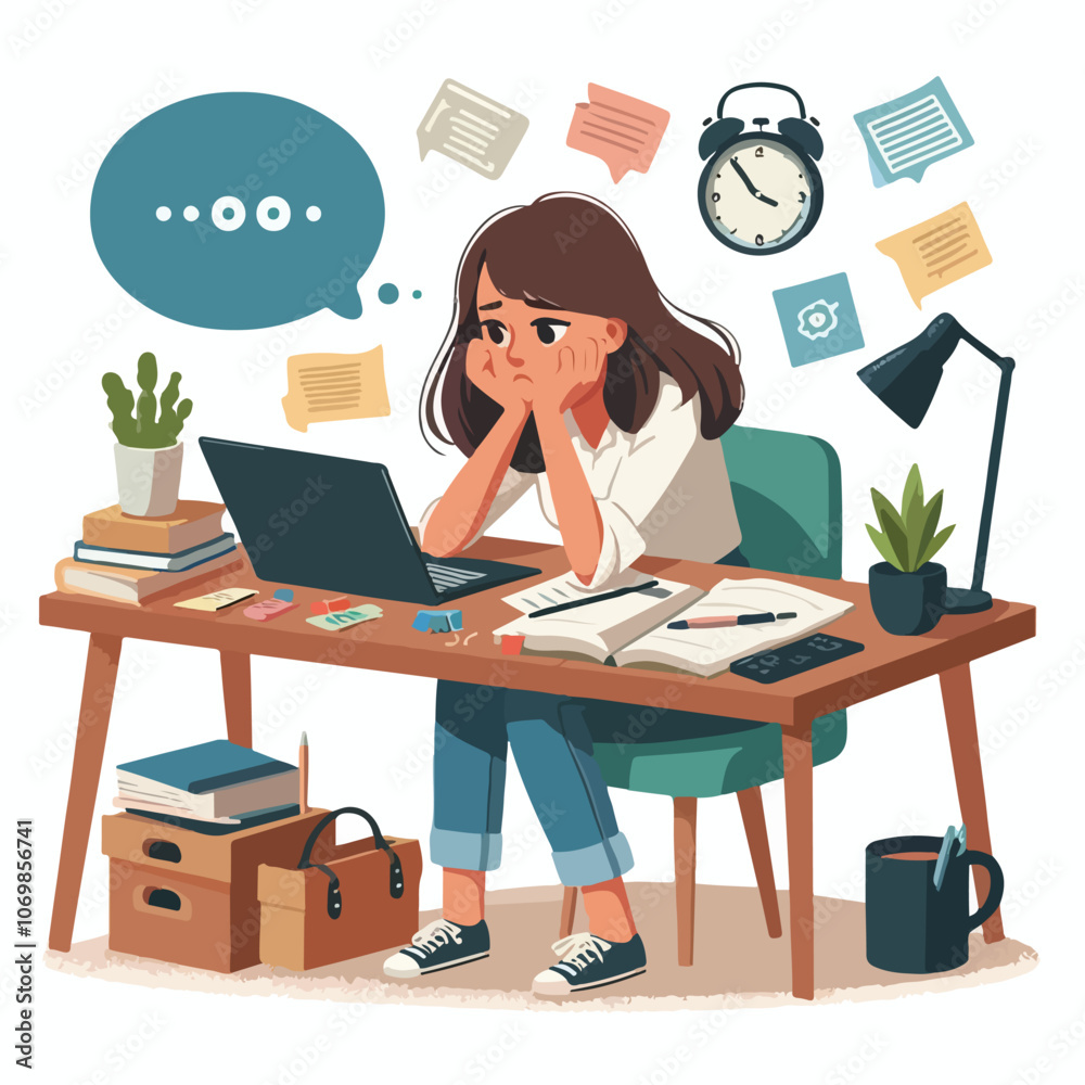 Bored woman sitting at desk. Tired sad office worker. Procrastination, burnout and boredom concept. Depressed upset exhausted lazy student. Flat vector illustration isolated on white background Bored woman sitting at desk. Tired sad office worker. Procrastination, burnout and boredom concept. Depressed upset exhausted lazy student. Flat vector illustration isolated on white background