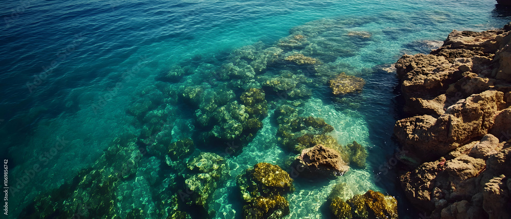 Clear blue water over rocky seabed, shallow water, visible rocks, stones, sand. Clear blue water over rocky seabed, shallow water, visible rocks, stones, sand.