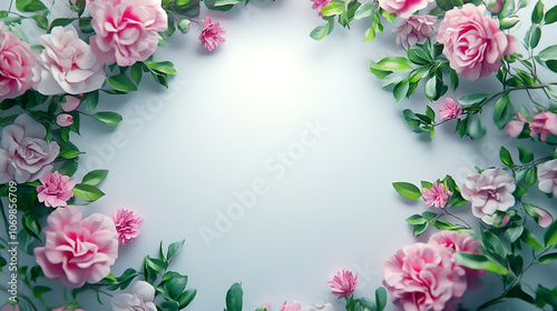 Delicate pink roses and greenery create a floral border on a light background for decoration
