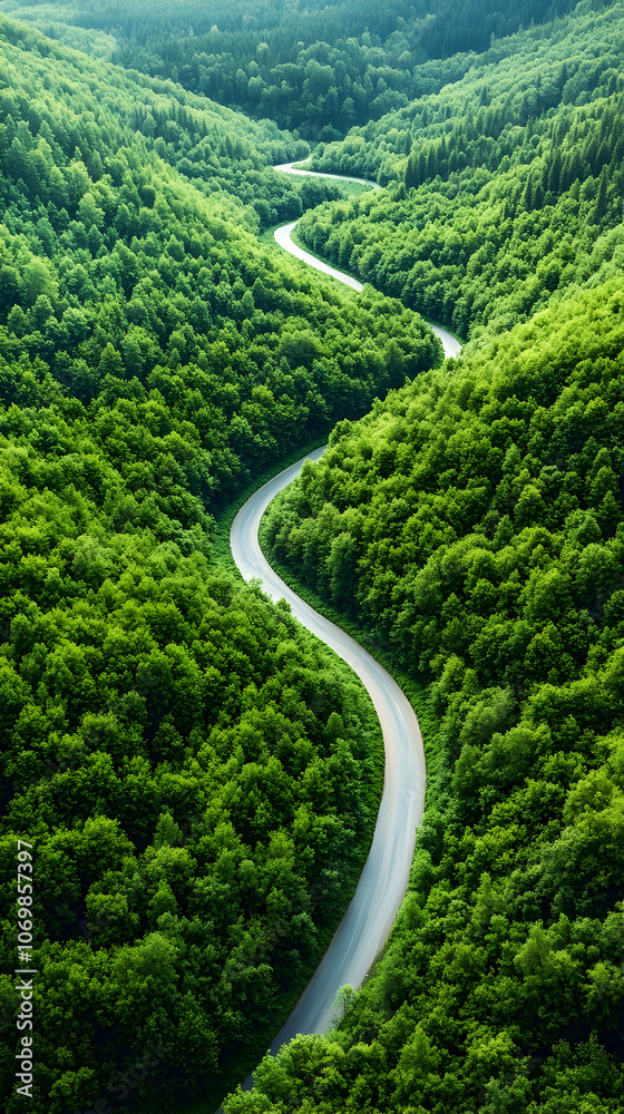 Winding asphalt road through a lush green forest. Winding asphalt road through a lush green forest.