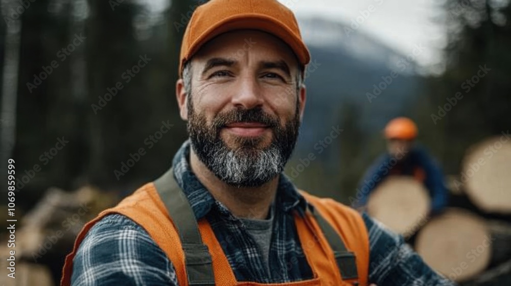 Smiling Woodcutter in Forest Setting Smiling Woodcutter in Forest Setting