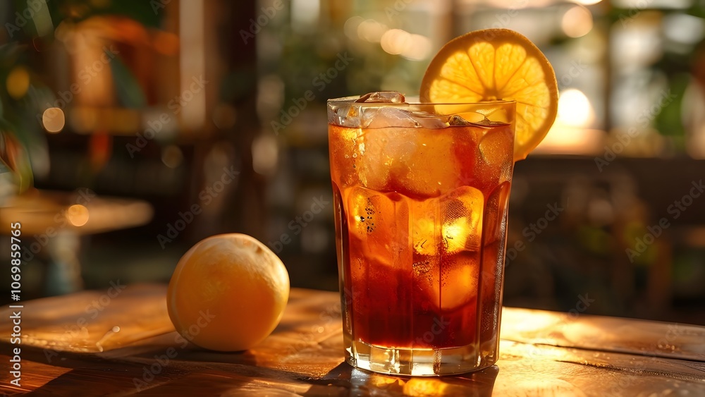 Refreshing and Sweet Iced Peach Tea in a Steamed Glass with Ice Cubes: Perfect Summer Beverage Refreshing and Sweet Iced Peach Tea in a Steamed Glass with Ice Cubes: Perfect Summer Beverage