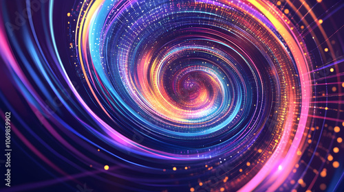 Abstract swirling light pattern with colorful lines and dots in a dark background.