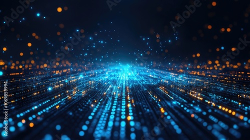 Flowing Binary Code in a Futuristic Digital Space – Representation of Advanced Technology, Data Flow, and Information Networks for Big Data, IoT, and Artificial Intelligence-Themed Visuals