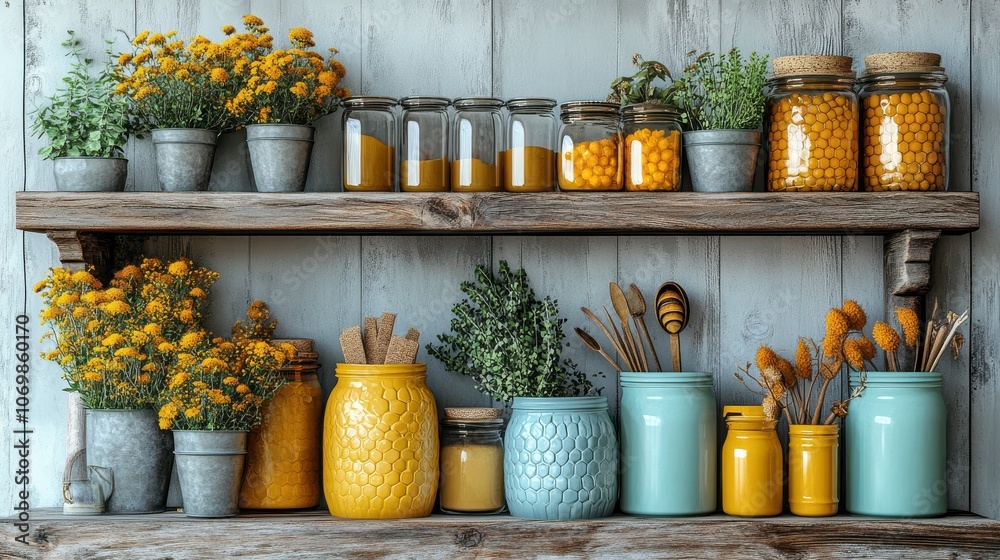 Beekeeping Tools and Honey Jars on Rustic Shelf Beekeeping Tools and Honey Jars on Rustic Shelf