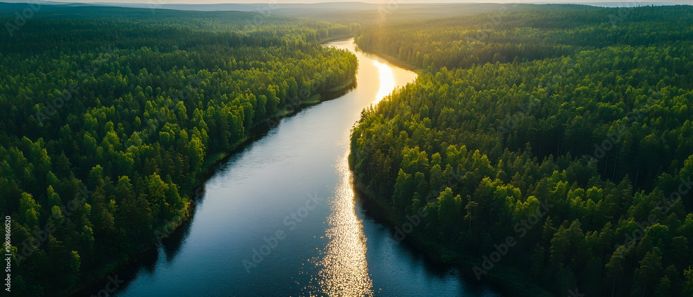 Aerial view of a winding river through a lush green forest at sunset. Aerial view of a winding river through a lush green forest at sunset.