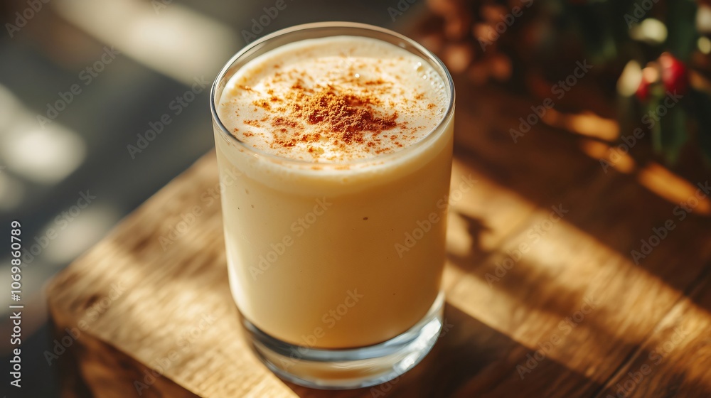 Eggnog cocktail with cinnamon in glass resting on wooden table during christmas time Eggnog cocktail with cinnamon in glass resting on wooden table during christmas time