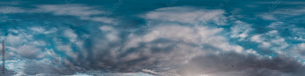 Sunset sky with bright glowing pink Cumulus clouds. Seamless spherical HDR 360 panorama. Full zenith or sky dome in 3D, sky replacement for aerial drone panoramas. Climate and weather change. Sunset sky with bright glowing pink Cumulus clouds. Seamless spherical HDR 360 panorama. Full zenith or sky dome in 3D, sky replacement for aerial drone panoramas. Climate and weather change.