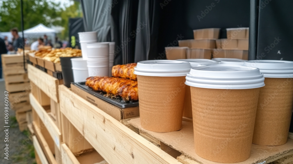 Fototapeta premium An outdoor festival with food stalls using repurposed packaging for serving dishes and utensils