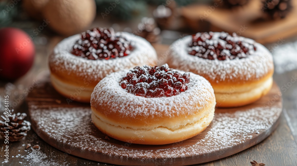 Delicious sufganiyot filled with cranberry jam for hanukkah celebration Delicious sufganiyot filled with cranberry jam for hanukkah celebration