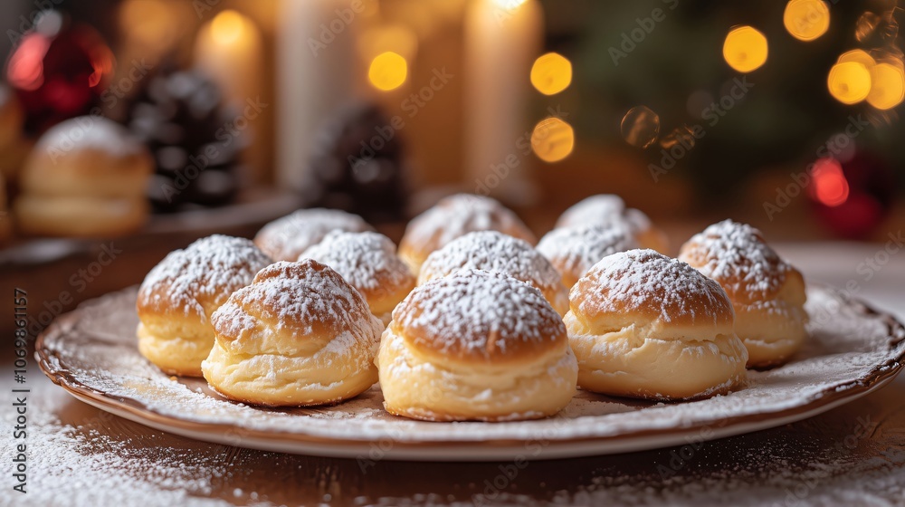 Delicious cream puffs sprinkled with icing sugar on christmas decorated table Delicious cream puffs sprinkled with icing sugar on christmas decorated table