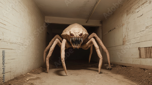 Old, decaying basement with a monstrous creature made of stone and roots, crawling out from the foundation,