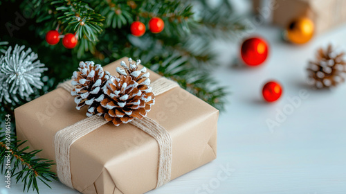 beautifully wrapped gift with pinecones under Christmas tree, surrounded by festive decorations and ornaments, creating warm holiday atmosphere