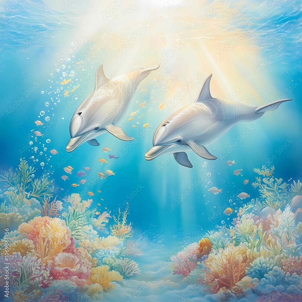Obraz premium A vibrant underwater scene featuring dolphins swimming close to a colorful coral reef filled with tropical fish and marine plants. The dolphins move gracefully above the coral, surrounded by a rainbow
