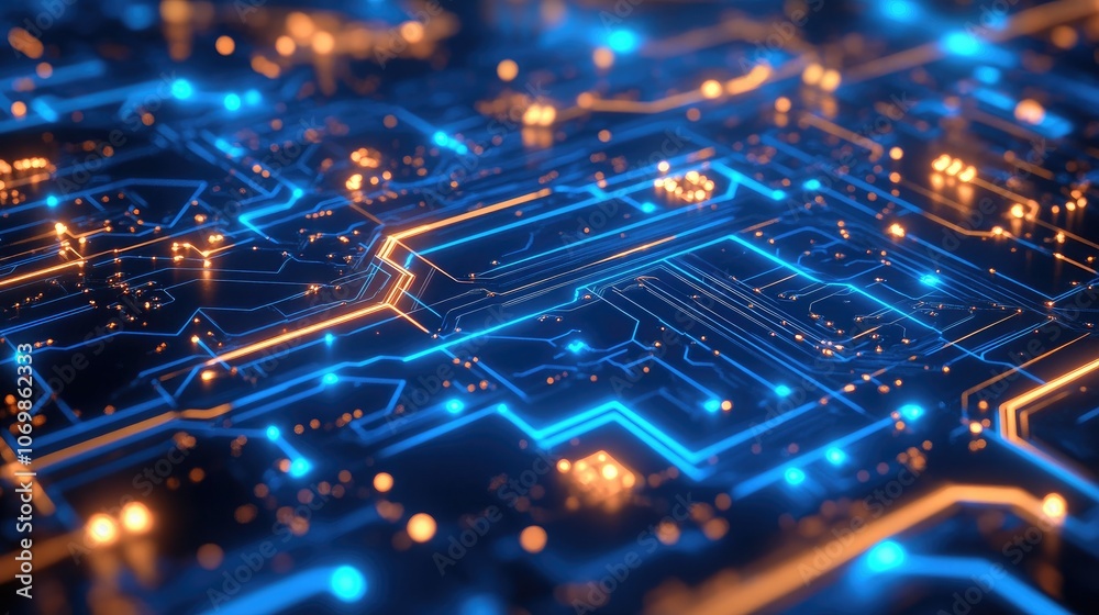 Modern Digital Circuit Board with Glowing Blue Pathways – High-Tech Visualization of Data Flow and Advanced Technological Connectivity in the World of Innovation and Electronics Modern Digital Circuit Board with Glowing Blue Pathways – High-Tech Visualization of Data Flow and Advanced Technological Connectivity in the World of Innovation and Electronics
