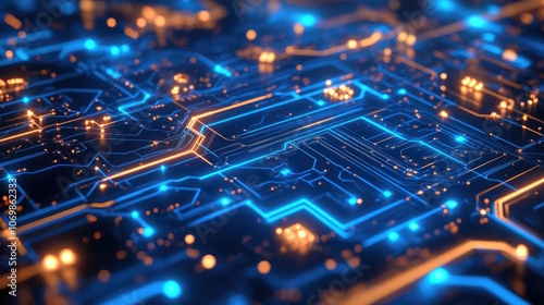 Modern Digital Circuit Board with Glowing Blue Pathways – High-Tech Visualization of Data Flow and Advanced Technological Connectivity in the World of Innovation and Electronics