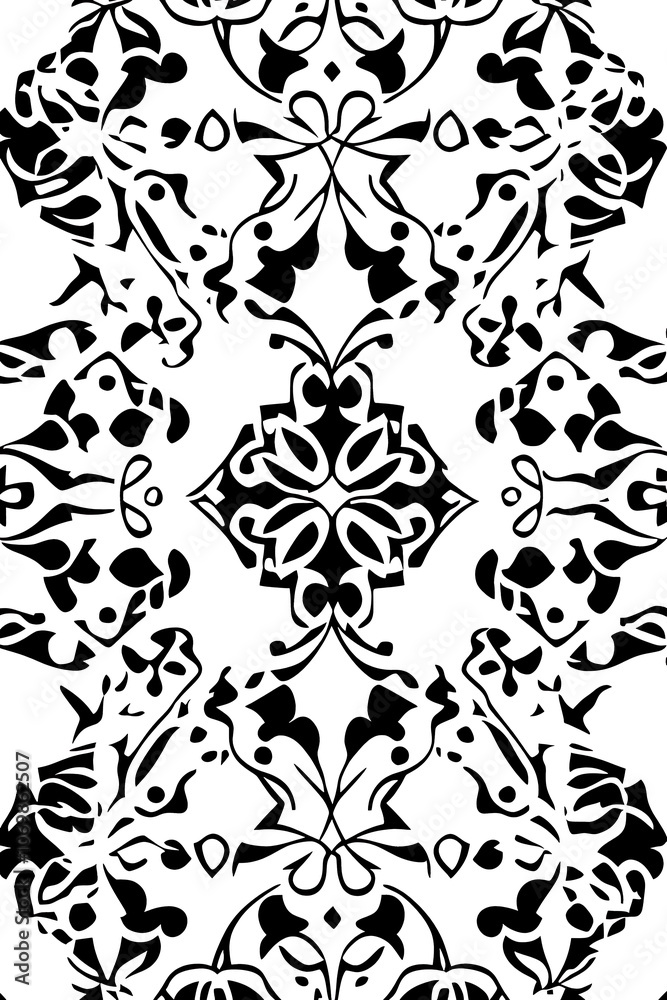 Black and White Abstract Floral Pattern with Symmetrical Design Black and White Abstract Floral Pattern with Symmetrical Design