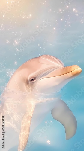 A close-up shot of a dolphin’s face with a gentle, playful expression as it surfaces above the water. Its eye sparkles in the sunlight, and tiny water droplets are visible on its smooth, gray skin. Th