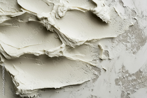 Close-up of textured white creamy substance spread over a rough surface, highlighting its smooth and rich consistency.