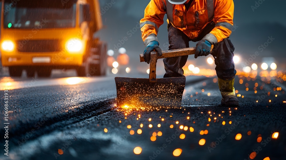 Nighttime highway repair scene, an engineer overseeing asphalt paving, with headlights from diverted traffic illuminating the busy worksite