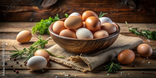 Freshly Gathered Bowl of Chicken Eggs on Rustic Wooden Table Surrounded by Natural Elements and Soft Lighting Perfect for Farmhouse Kitchen Decor and Culinary Inspiration photo