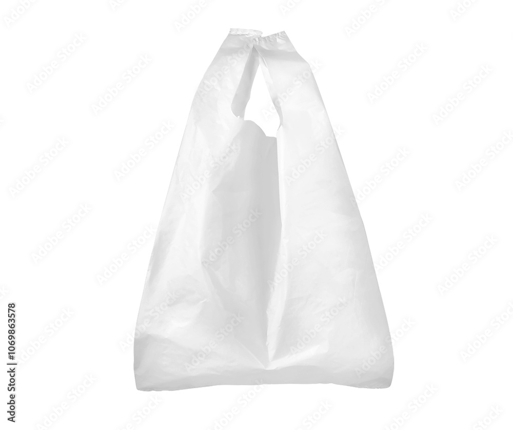 Plastic grocery bag. Close up of empty plastic bag with space for your logo. Isolated on white background. Disposable plastic bag with handles. 