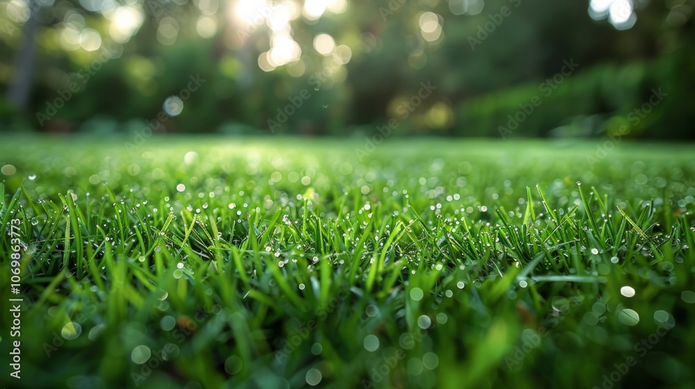 Naklejka premium Close up of dew drops on green grass with blurred background. AI generative. .