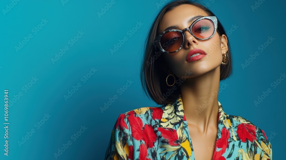 Elegant woman in trendy printed attire posing confidently against a bold blue backdrop Elegant woman in trendy printed attire posing confidently against a bold blue backdrop