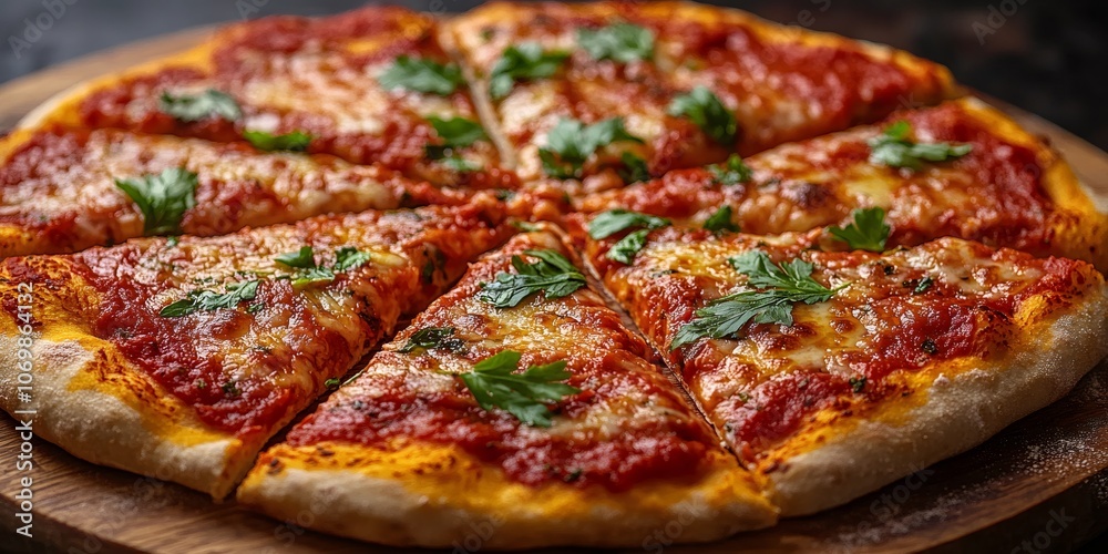 close-up shot of a delicious Margherita pizza sliced into eight portions on a marble tabletop close-up shot of a delicious Margherita pizza sliced into eight portions on a marble tabletop