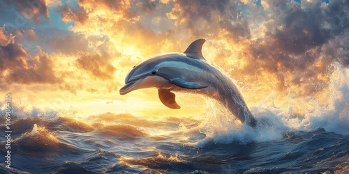 a serene image of a liberated dolphin swimming in the vast ocean, representing freedom and illuminated by the sunlight photo