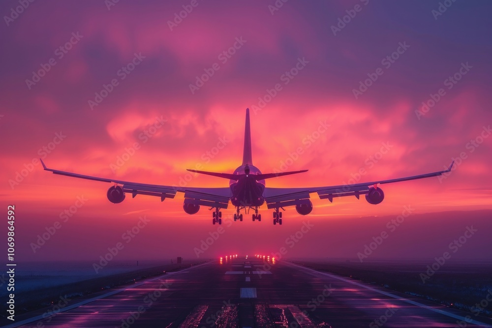 Silhouetted airplane on a runway with purple and pink clouds in the background. AI generative. . Silhouetted airplane on a runway with purple and pink clouds in the background. AI generative. .
