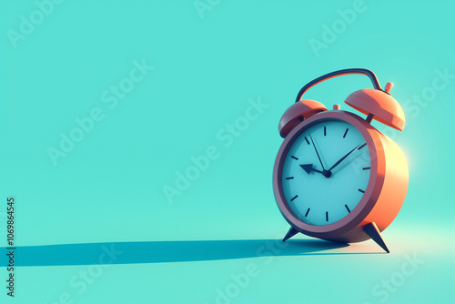 Orange alarm clock casting shadow on bright turquoise background photo