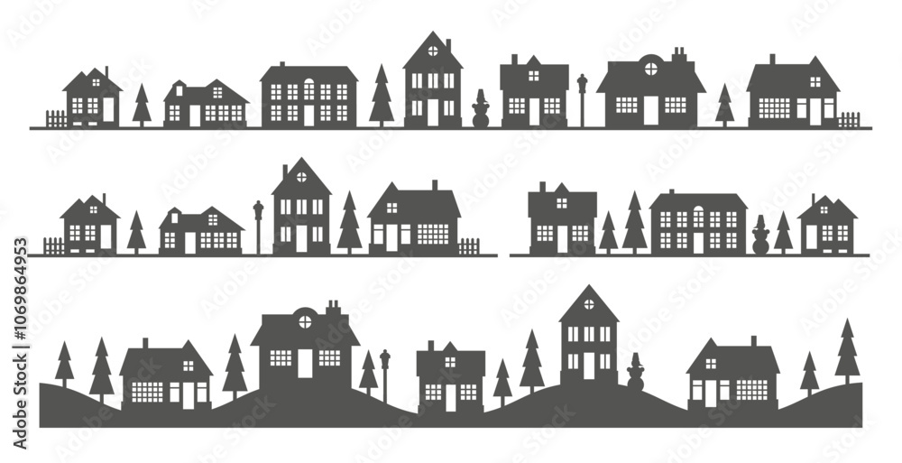 Obraz premium Town and village houses on skyline. Silhouette of small buildings in neighborhood on white background. Christmas rural simple drawing. Winter country landscape with trees in night. Vector