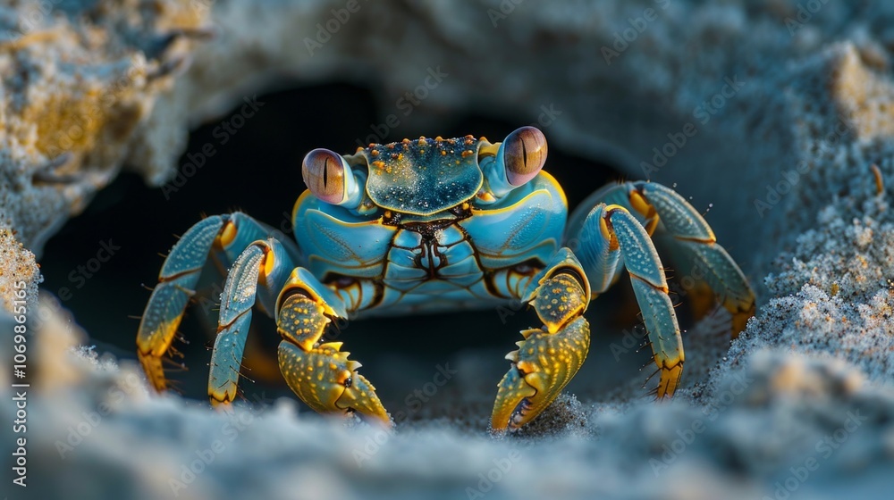 Closeup of a blue and yellow crab emerging from a cave. AI generative. . Closeup of a blue and yellow crab emerging from a cave. AI generative. .