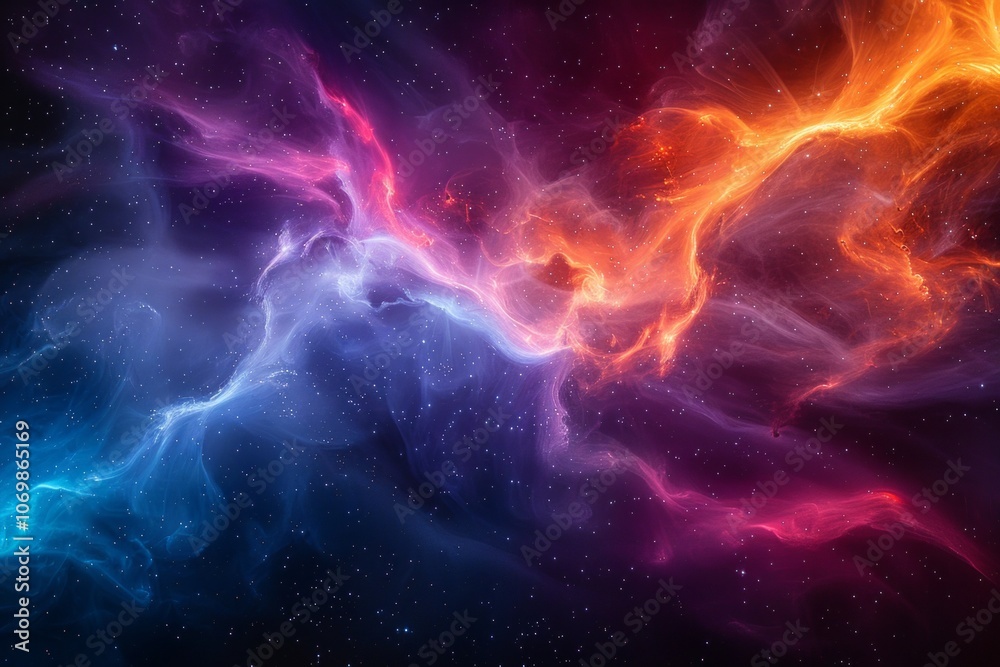 Abstract space background with swirling nebulas of blue, orange and red with a dark background and scattered white stars. AI generative. . Abstract space background with swirling nebulas of blue, orange and red with a dark background and scattered white stars. AI generative. .