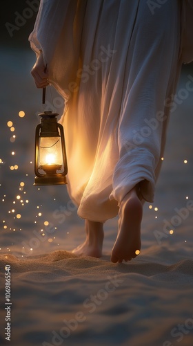 Person walking barefoot in the sand holding a lantern at dusk. Concept for Psalm 119:105 