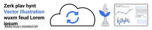 Cloud icon with refresh symbol, plant growth icon, and analytics dashboard. Ideal for tech, business growth, data analysis, cloud storage, environmental sustainability, synchronization, and online