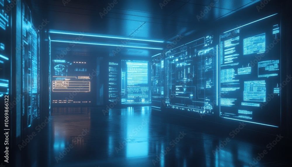 Futuristic Cyber Corridor with Blue Neon Lights and Data Displays Futuristic Cyber Corridor with Blue Neon Lights and Data Displays