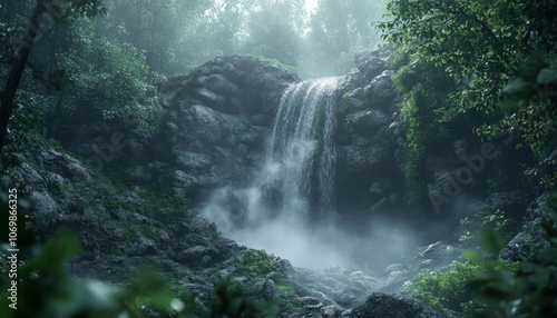 A Misty Waterfall Cascading Down a Rocky Cliff in a Lush Forest