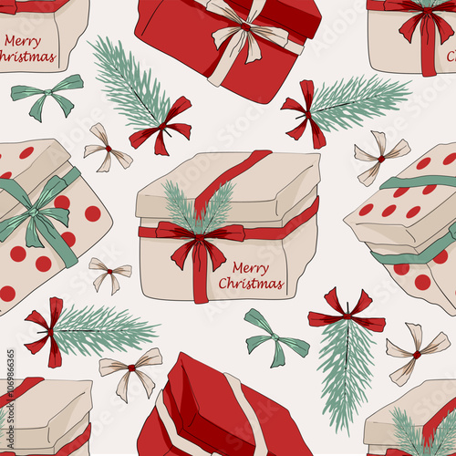 Festive pattern of Christmas gift boxes with red and green bows, pine sprigs, and 