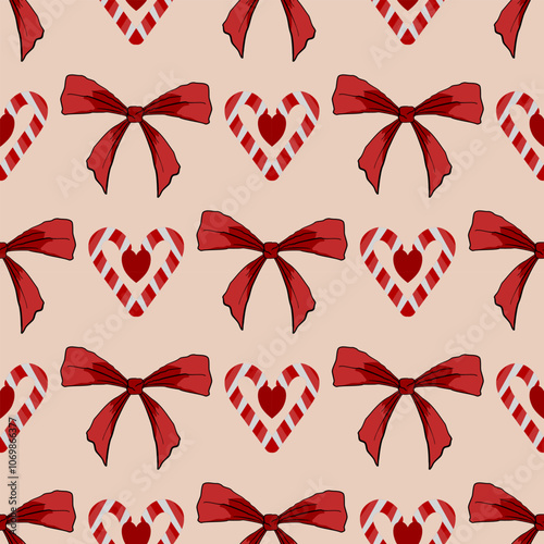 Christmas pattern featuring red bows and candy cane hearts on a beige background, creating a festive and cozy holiday design, ideal for gift wraps and decorations.