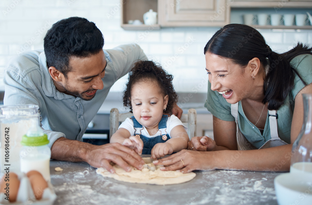 Happy family, child and baking with cookie cutter to shape dough, flour or laugh with toddler in kitchen. Mom, dad and kid cooking with parents, help or teaching dessert recipe for support in home Happy family, child and baking with cookie cutter to shape dough, flour or laugh with toddler in kitchen. Mom, dad and kid cooking with parents, help or teaching dessert recipe for support in home