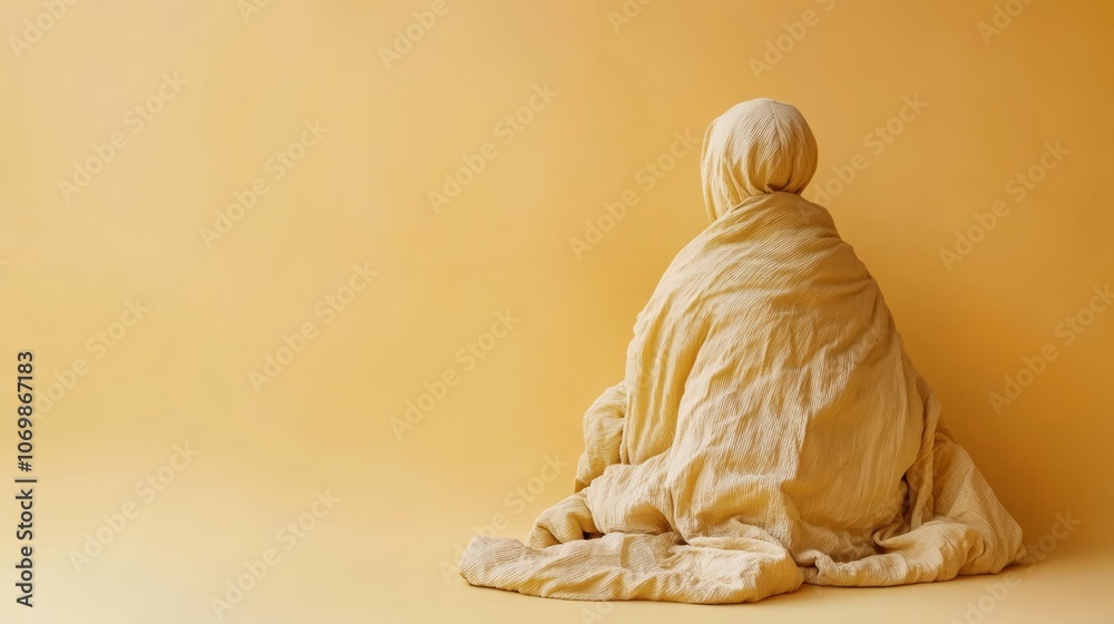 An individual sits silently, wrapped in a soft weighted blanket, creating a sense of warmth and serenity against a soothing yellow backdrop An individual sits silently, wrapped in a soft weighted blanket, creating a sense of warmth and serenity against a soothing yellow backdrop