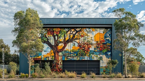Colorful Mosaic Mural on Building Facade: Contemporary Urban Art