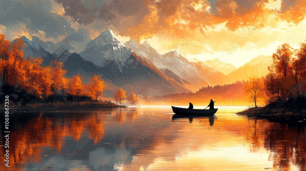 Serene Boat Scene at Sunset with Mountain Reflection