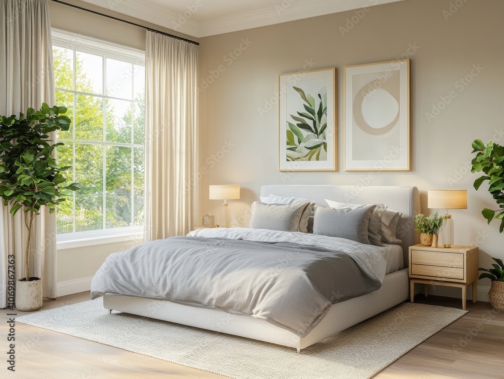 A Modern Bedroom with a Grey Bed and Natural Decor A Modern Bedroom with a Grey Bed and Natural Decor